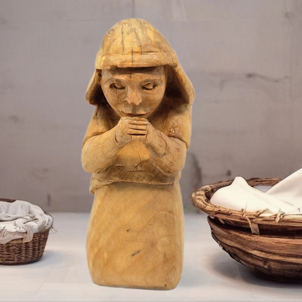 Nativity Shepard Kneeling Before Baby Jesus Wood Hand Carved By R. Herrenbruck